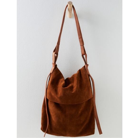 Free People Roswell Boho Slouchy Suede Leather Messenger Bag Tote Cognac Brown - Picture 7 of 16